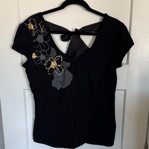 New York & Company Black Top with Gold and Gray Floral Detail